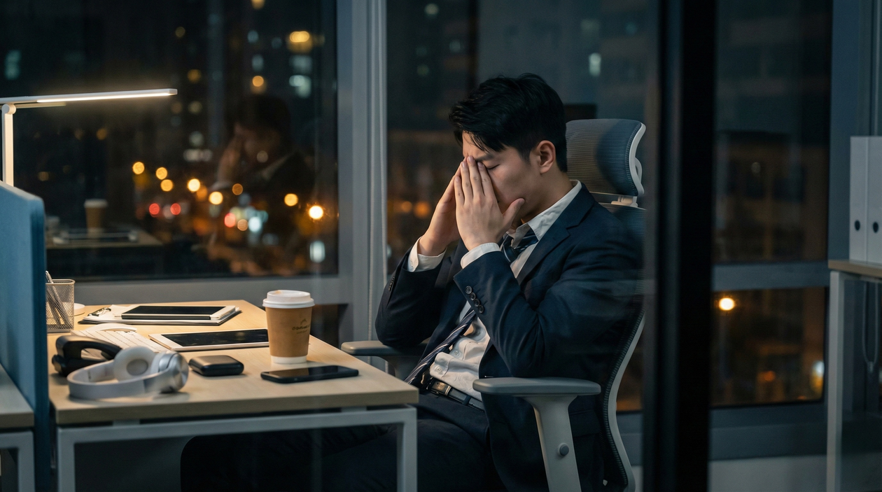 Homem em escritório à noite demonstrando sinais de estresse e esgotamento emocional no ambiente de trabalho.